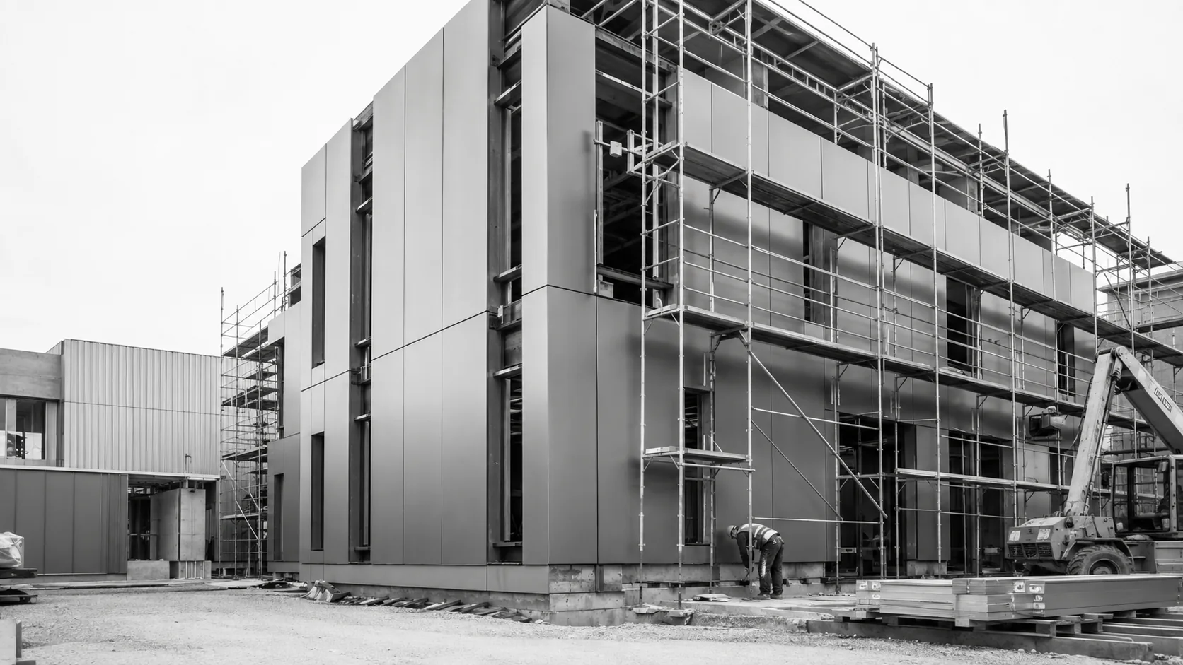 Baustelle an einer Hochhausfassade mit Gerüst