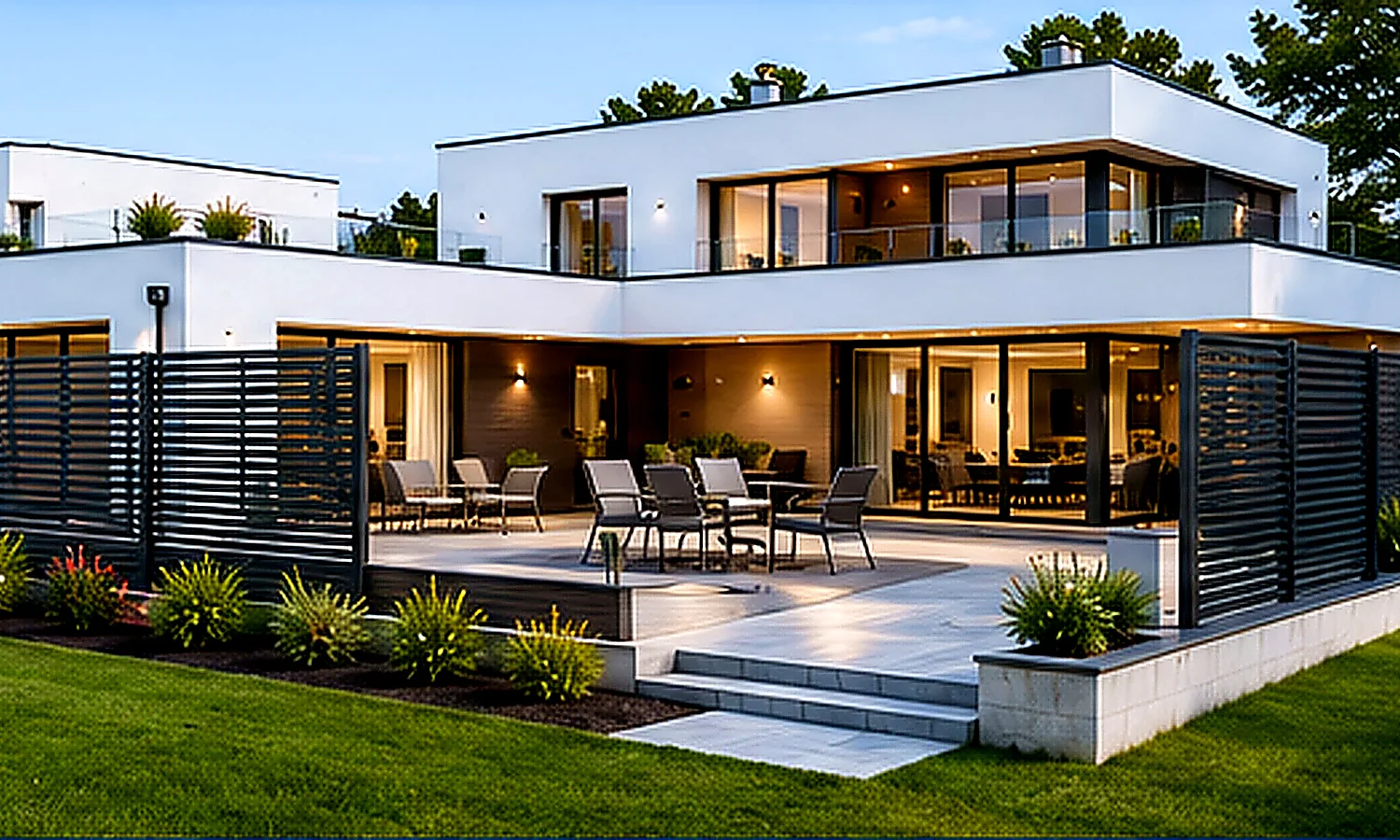 Modernes Einfamilienhaus mit Terrasse und Sichtschutzelementen aus Metall